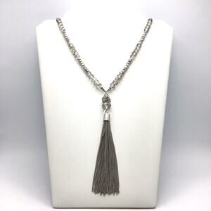 Signed NY Faceted Crystal Bead Silver Tone Chain Tassel Pendant Tassel Necklace